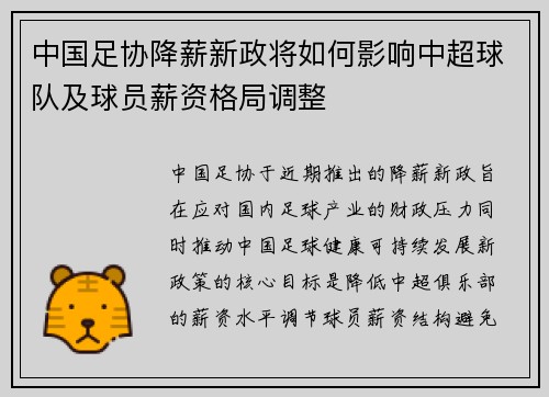 中国足协降薪新政将如何影响中超球队及球员薪资格局调整
