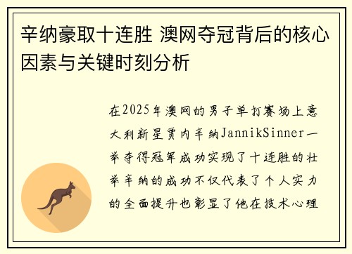 辛纳豪取十连胜 澳网夺冠背后的核心因素与关键时刻分析