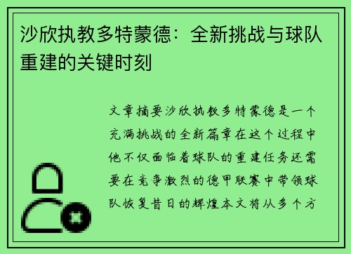 沙欣执教多特蒙德：全新挑战与球队重建的关键时刻