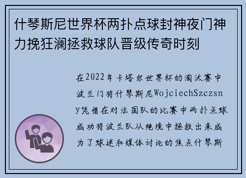 什琴斯尼世界杯两扑点球封神夜门神力挽狂澜拯救球队晋级传奇时刻